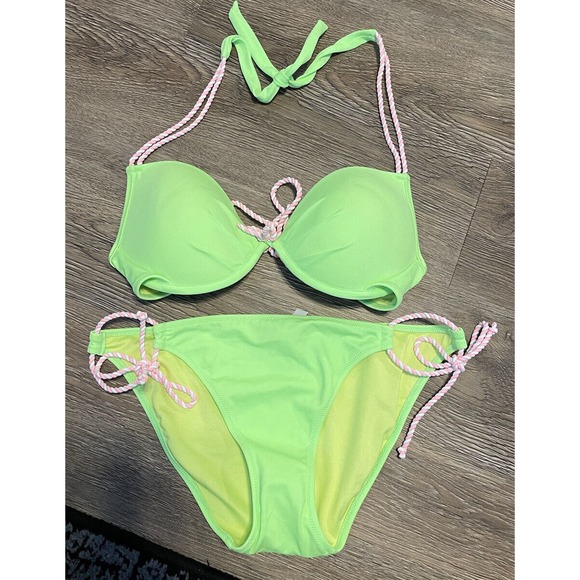 Victoria's Secret Other - Victorias Secret String Bikini Lime Green/Pink 34C Top & Small Bottom NWOT